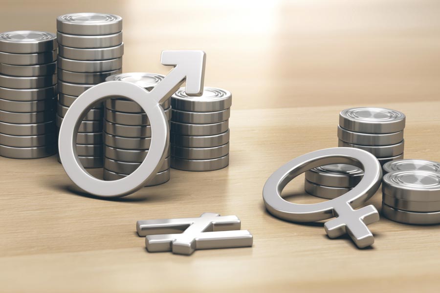 Several stacks of coins of different heights with symbols for man and woman in front. The men's stacks are higher.