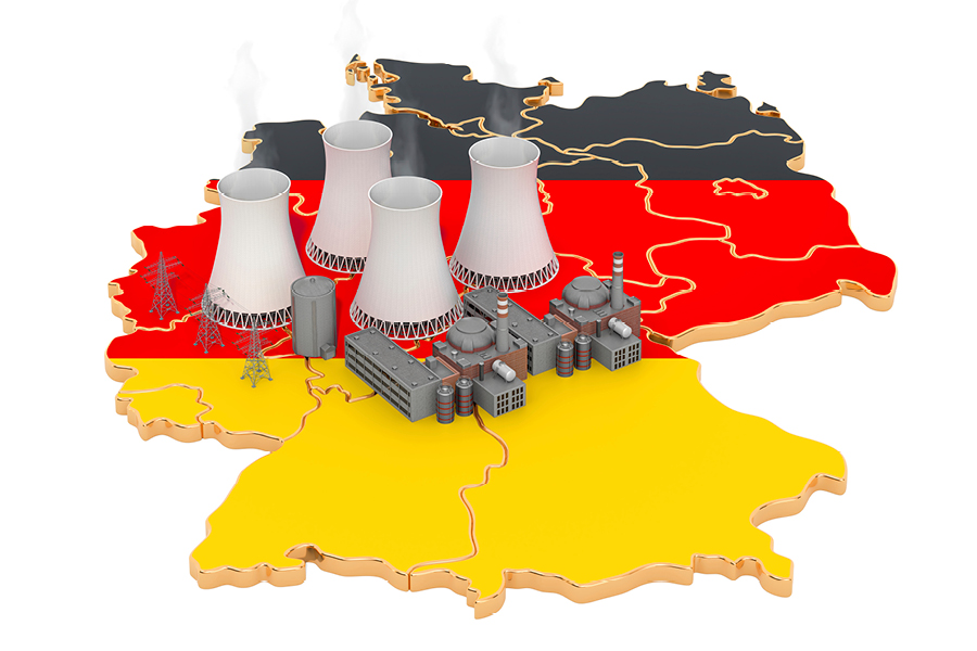 3D Ansicht einer Deutschlandkarte mit Modellen von Atomkraftwerken darauf