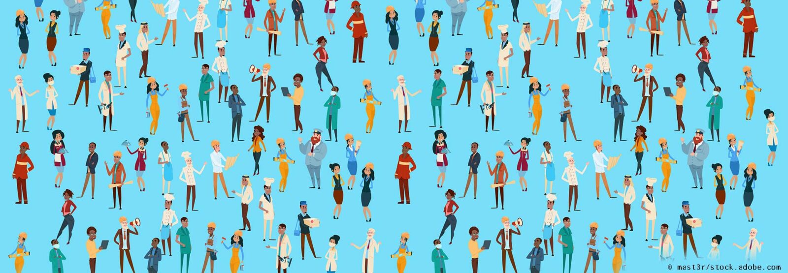 Grafische Darstellung einer Vielzahl von Personen mit unterschiedlicher berufstypischer Kleidung auf hellblauem Hintergrund