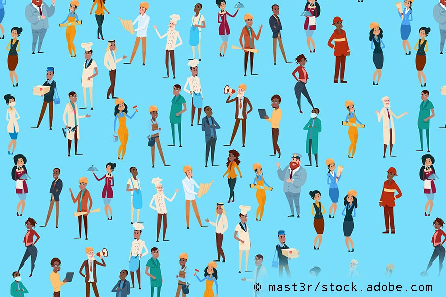 Grafische Darstellung einer Vielzahl von Personen mit unterschiedlicher berufstypischer Kleidung auf hellblauem Hintergrund