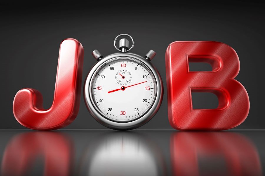 Das Wort "Job" geschrieben mit den roten Buchstaben "J" und "B". Das "O" wird von einer Stoppuhr repräsentiert. Grauer Hintergrund.