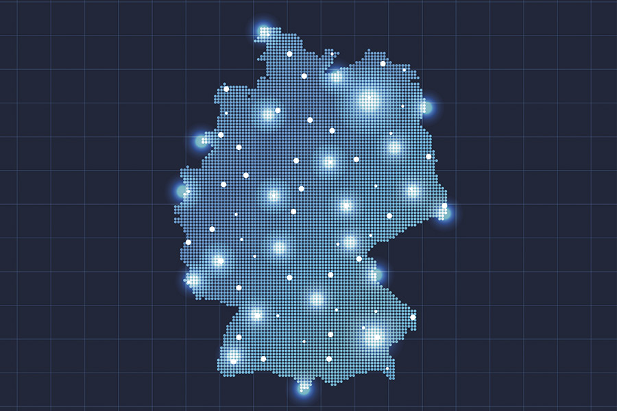 Digitale Deutschlandkarte, auf der einzelne Punkte verschieden stark leuchten