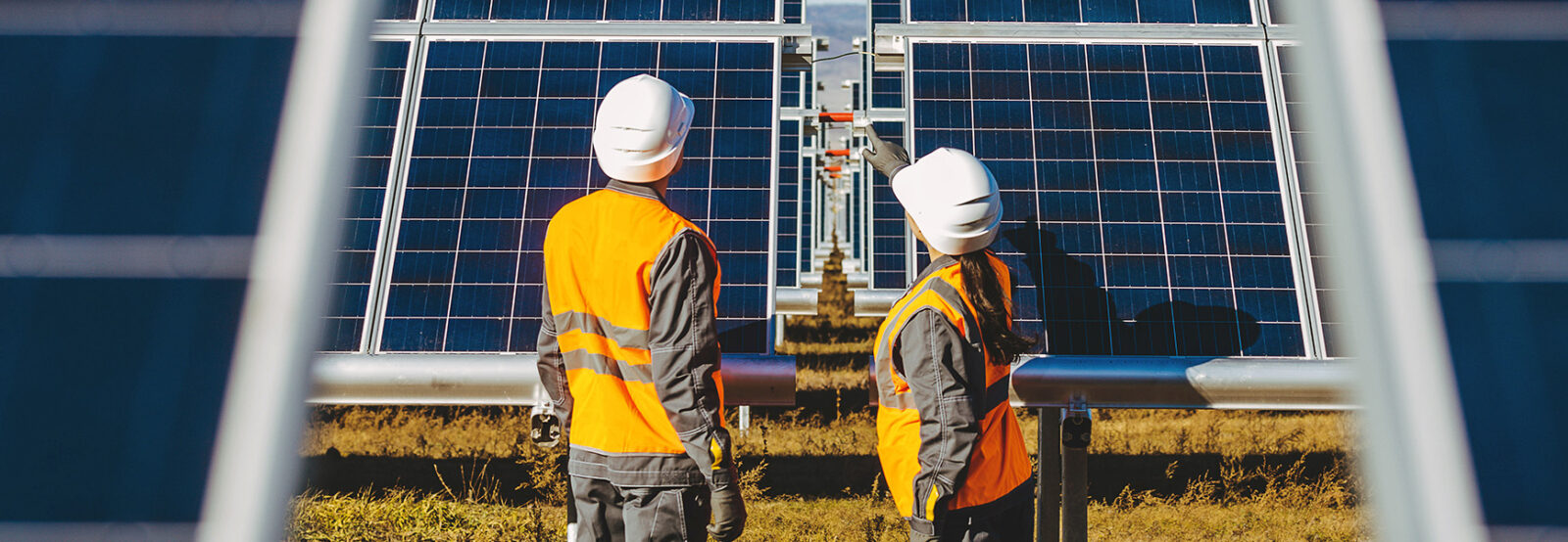 The picture shows a woman and a man from behind, wearing work clothes standing in a solar park . Both look towards the facility, which the woman points to.