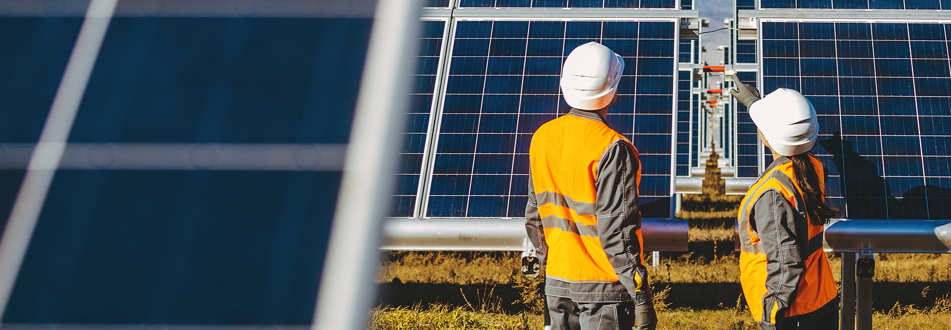 The picture shows a woman and a man from behind, wearing work clothes standing in a solar park . Both look towards the facility, which the woman points to.