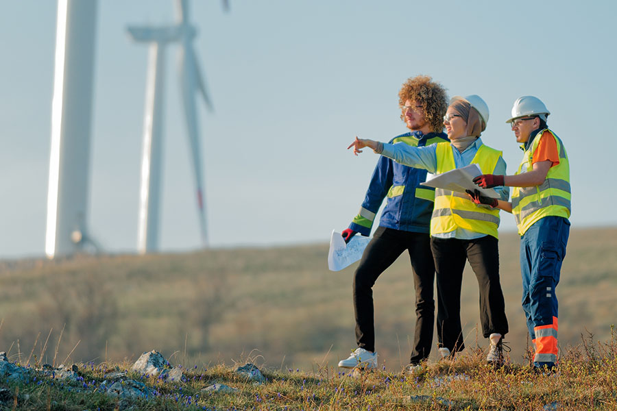 Two men and a woman, all wearing high-visibility waistcoats, are standing in a modern wind farm and planing a project.