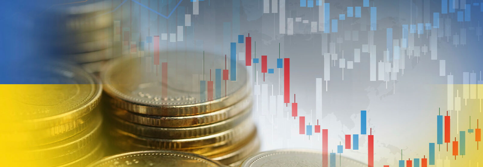 Representation of stock prices, coin stacks and the Ukrainian flag in different levels. The layers are transparent in different places so that everything is visible at the same time.