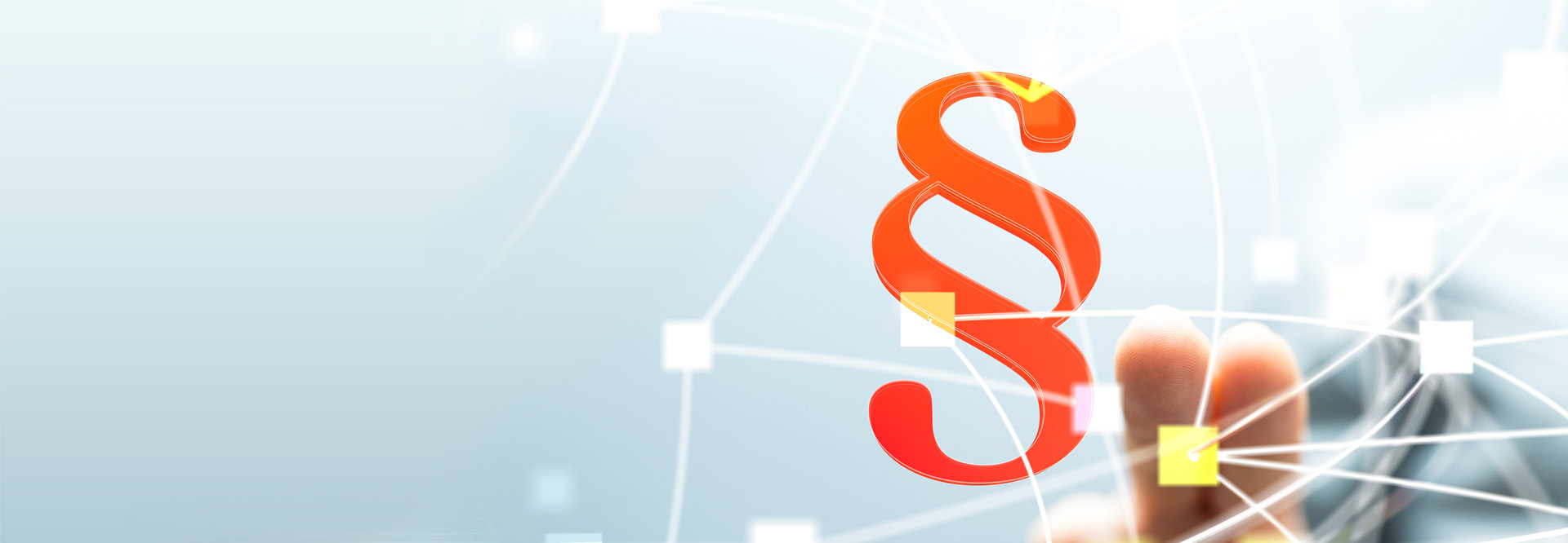 Eine Hand tippt ein Paragraphenzeichen an. Darüber spannt sich ein virtuelles Netz, das verschiedene helle Punkte miteinander verbindet.