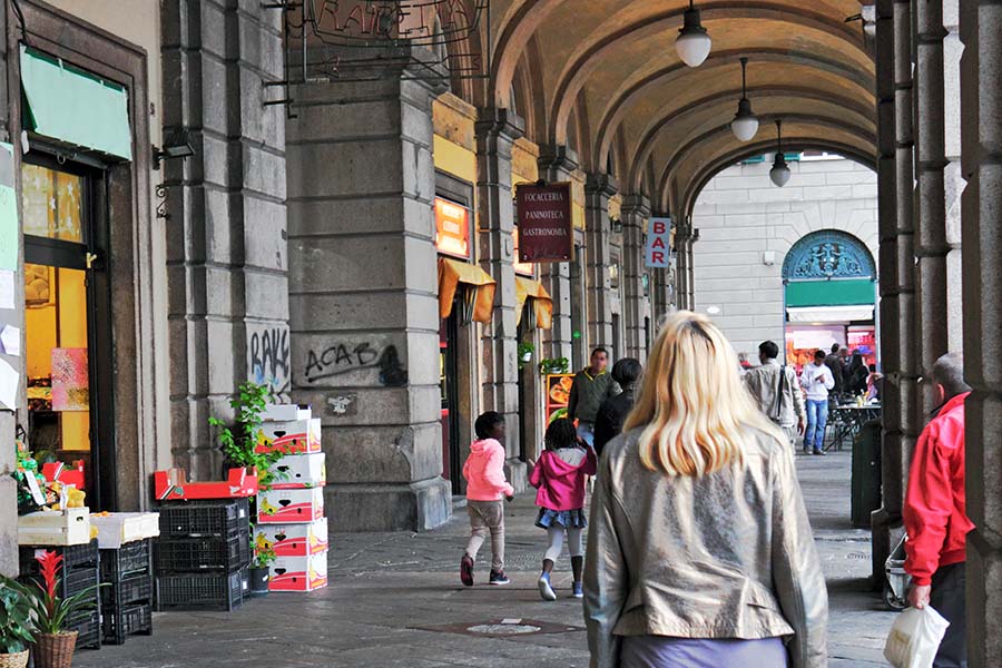 Public arcades in italian town.