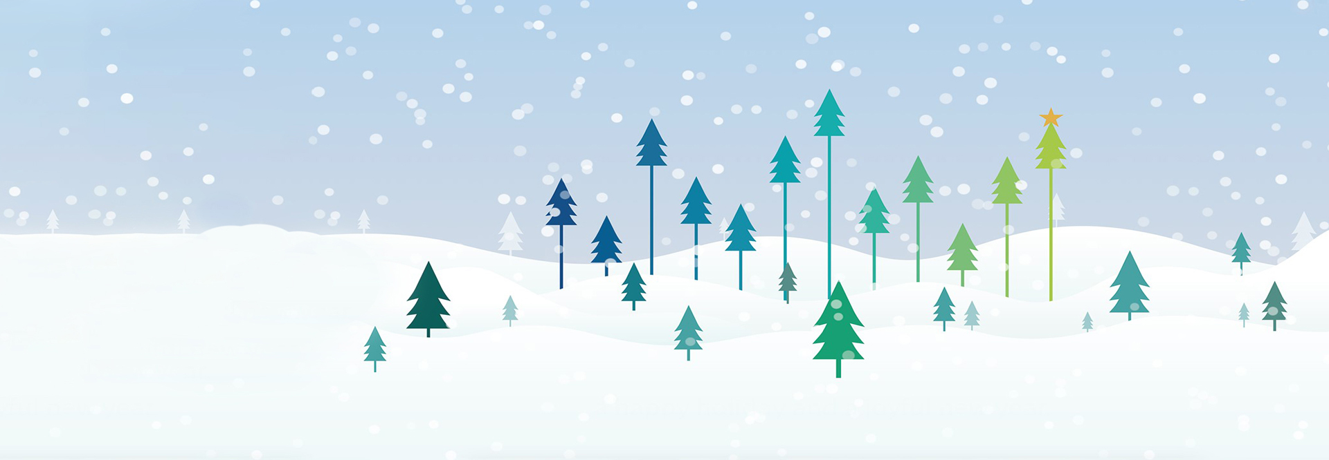 Illustrated snow-covered hilly landscape with schematically depicted green and blue trees.