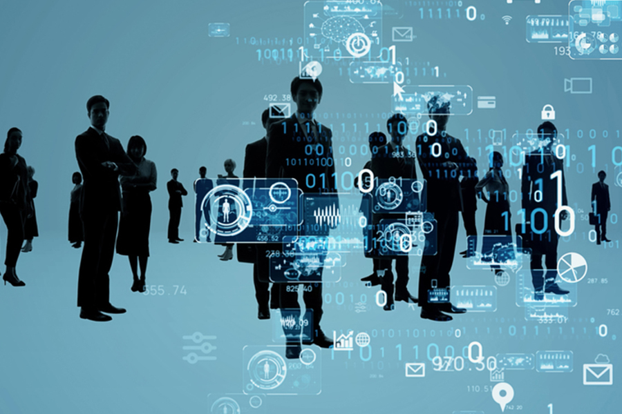 Staggered silhouettes of different people in business attire are overlaid with various digital symbols and strings of characters.