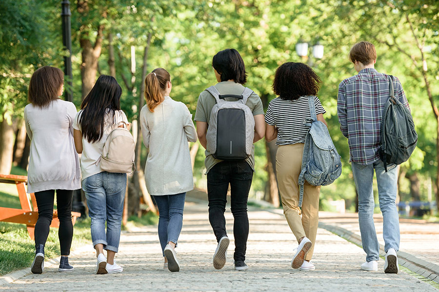 Rückansicht einer multiethnischen Gruppe von Jugendlichen, die durch einen sonnigen Park laufen.