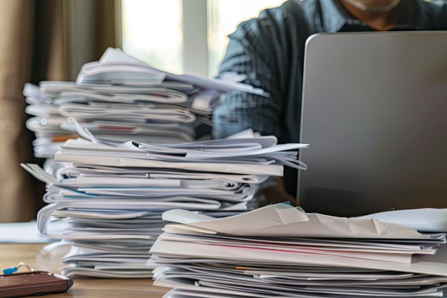 Eine Person sitzt am Schreibtisch und arbeitet am Laptop. Daneben stapeln sich Dokumente.