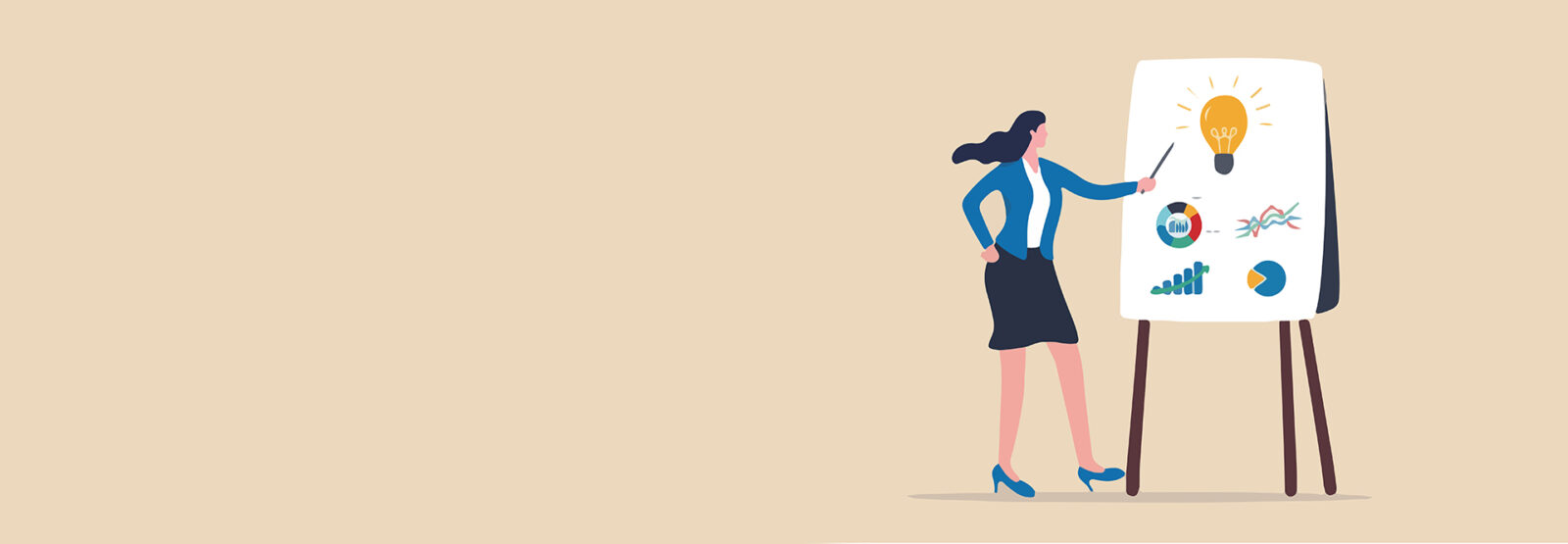 Die Illustration im Comic-Stil zeigt eine Geschäftsfrau, die neue Idee mit Grafiken und Diagrammen präsentiert.