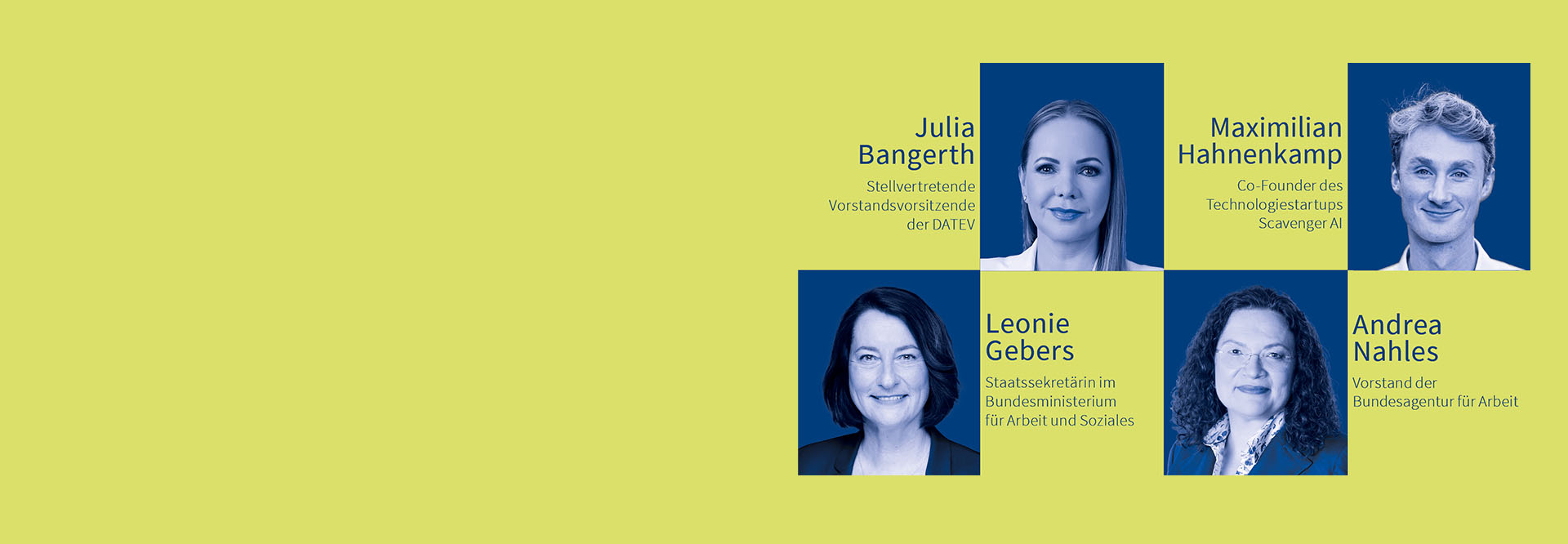 Bild zu den Nürnberger Gesprächen am 16.4.2026 mit den Podiumsgästen: Julia Bangerth, Leonie Gebers, Maximilian Hahnenkamp und Andrea Nahles