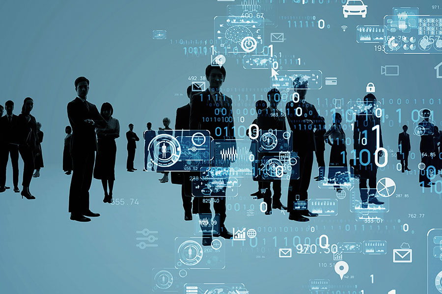 Shifting opposite silhouettes of different people in business clothes are overshadowed by different digital symbols and strings.