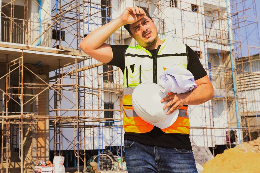 A construction worker stands on the construction site in the bright sun, wiping sweat from his forehead with the back of his hand.