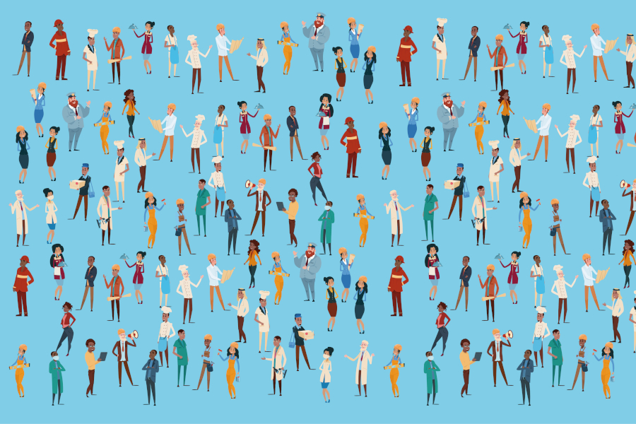 Die Illustration im Stil eines Wimmelbildes zeigt eine Vielzahl von stilisierten Personen auf einem Hellblauen Hintergrund. Die Personen tragen für verschiedene Berufe typische Kleidung und Gegenstände.